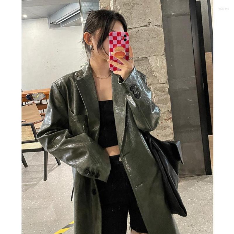 

Women' Leather Women Jacket Faux Long Sleeve Loose Coat High Street Fashion 2023 Autumn Stylish Suit Jackets, Green