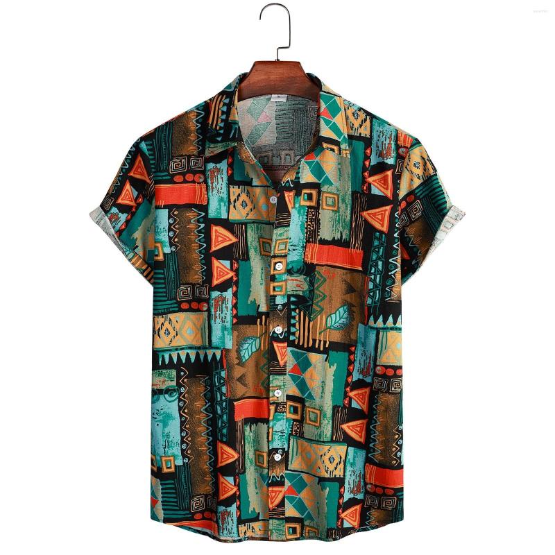 

Men' Casual Shirts Men Short Sleeve Ethnic Style Printed Shirt Geometric Folk Pattern Floral Summer Hawaiian Holiday Camisa Tops, Green