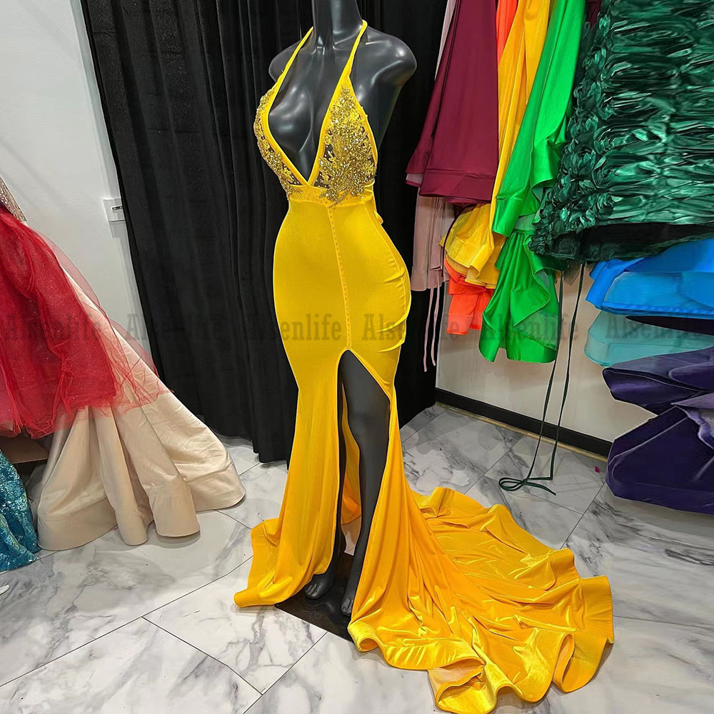 

Elegant Prom Dress Mermaid Halter Neck Velvet 2023 Beads Slit vestidos de gala Party Wear for Evening Yellow, Dark green