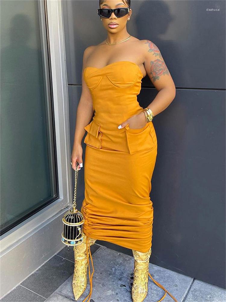 

Casual Dresses Yesikey Women' Bandeau Dress High Street Punk Off Shoulder Pocket Pleated Drawstring Fashion Long, Yellow