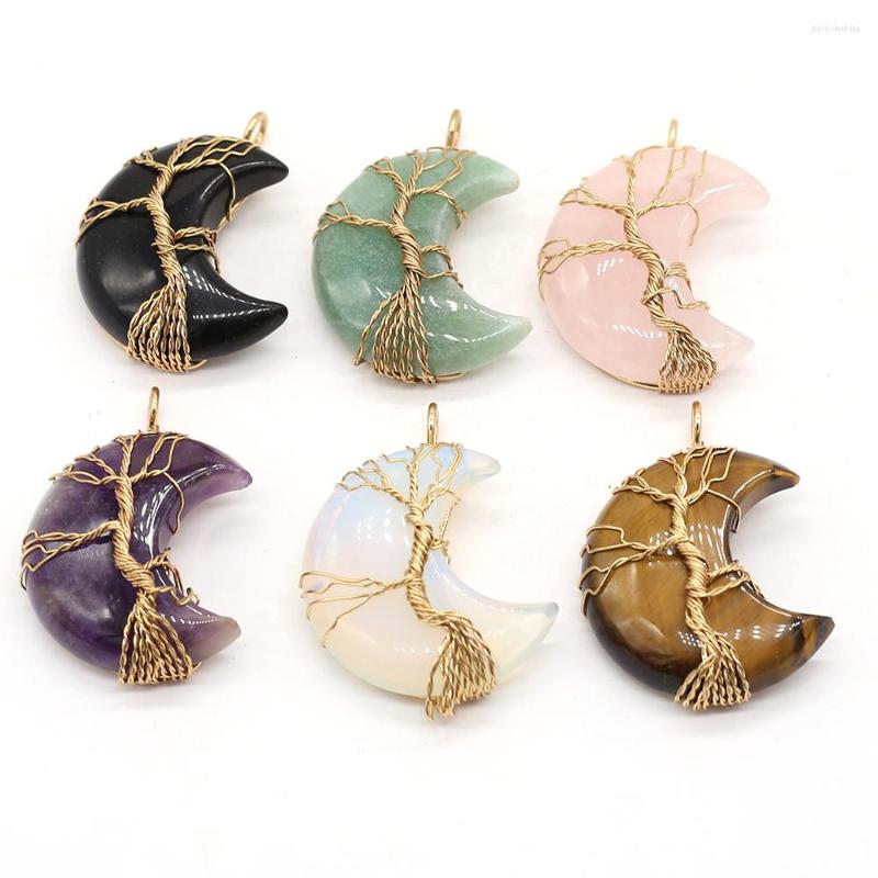 

Pendant Necklaces Fashion Natural Stone Chakra Moon-shaped Wire Wrap Opal Amethyst Crystal For Jewelry Making DIY Charms Necklace Gift