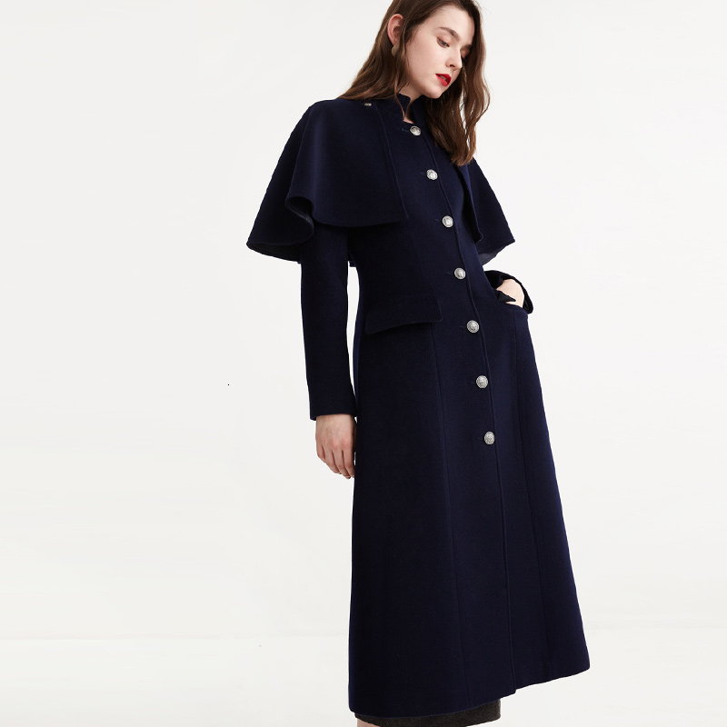 

Women's Wool Blends Winter Cloak style over the knee long Woolen coat female Military winter thick was thin cashmere warm woolen coats F289 221114, Navy
