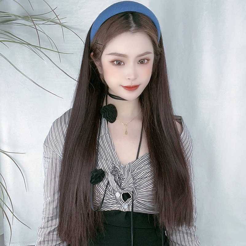 

Women's Hair Wigs Lace Synthetic Wig Women's Medium Long Straight Net Red Lazy Hair Hoop Integrated Uv Type Dark Brown Half Cap, Milk white hair band