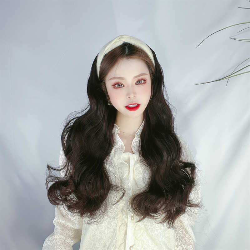 

Women's Hair Wigs Lace Synthetic Women's Long Big Wave Curly U-shaped Half Head Cover Imitation Human Silk Mh Red Hair Hoop Wig, Black