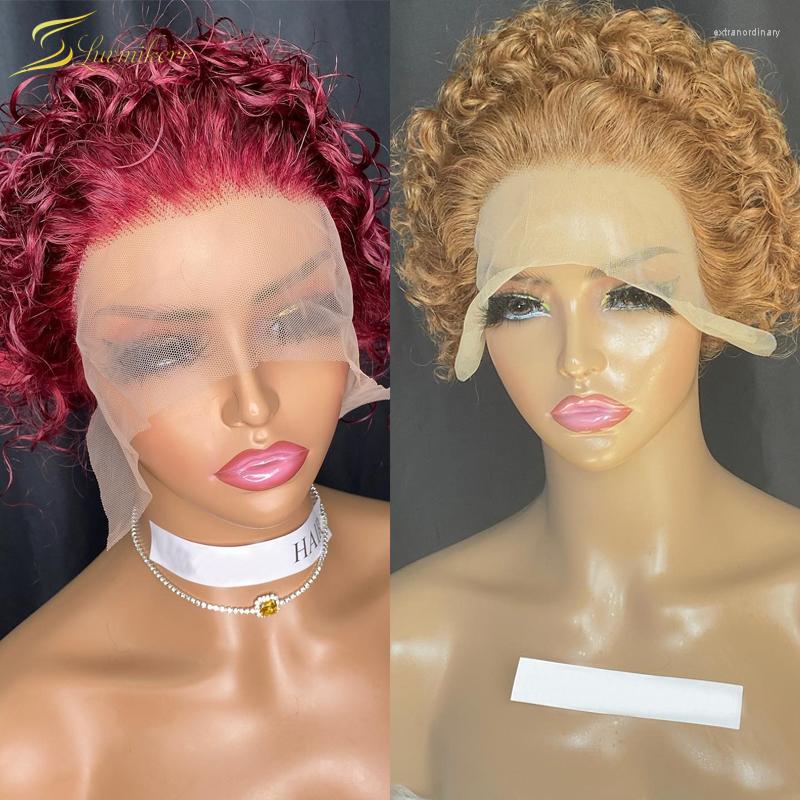 

99j Red Burgundy 27 Honey Blonde Colored Human Hair Wigs Short Pixie Cut Bob Curly Water Wave 13x1 HD Lace Frontal Wig Brazilian, Blonde wig