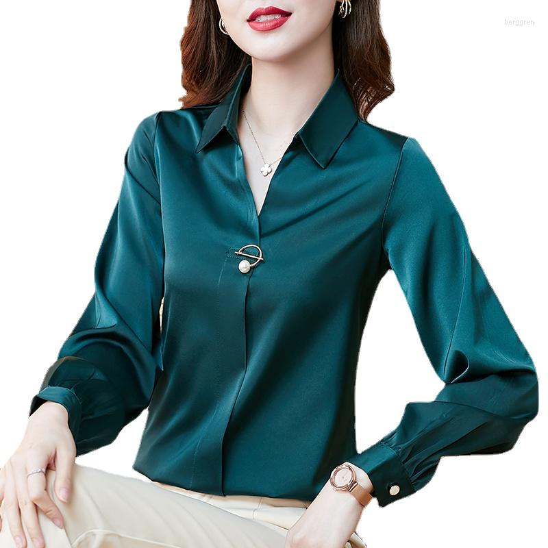 

Women's Blouses Autumn Satin Blouse Women V-neck Long Sleeve Silk Korean Fashion Office Lady Top Shirt Blusas Mujer, White