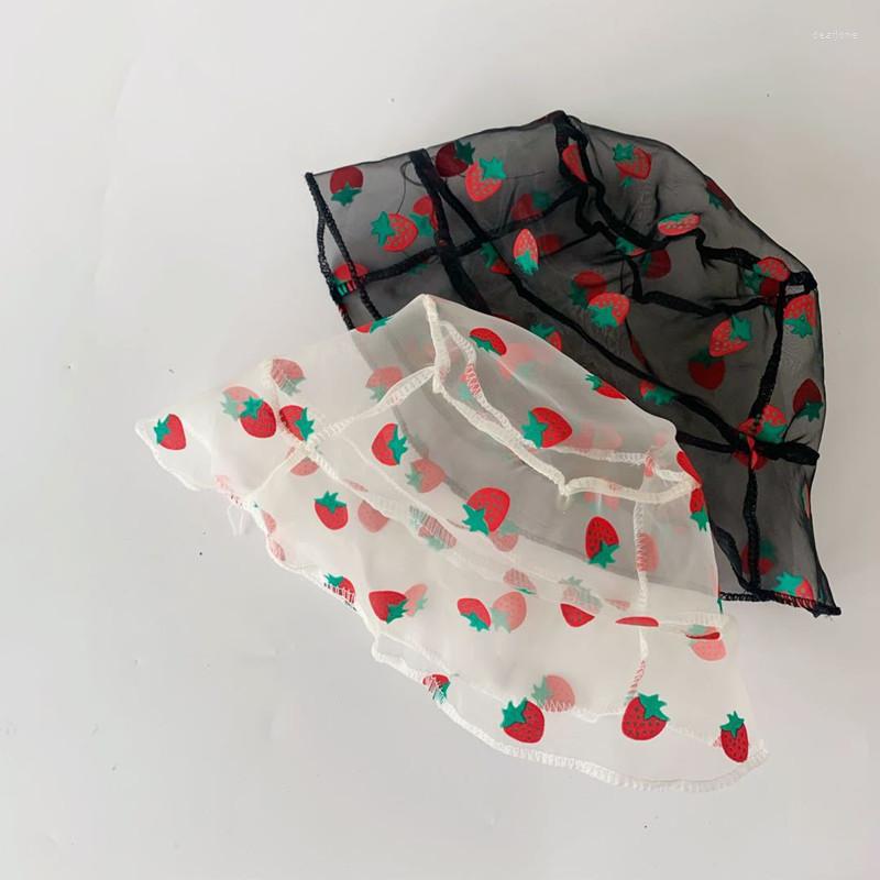 

Hats 1pcs Korean Fashion Lace Transparent Strawberry Embroidery Children Fisherman Cap Baby Princess Basin Hat, White