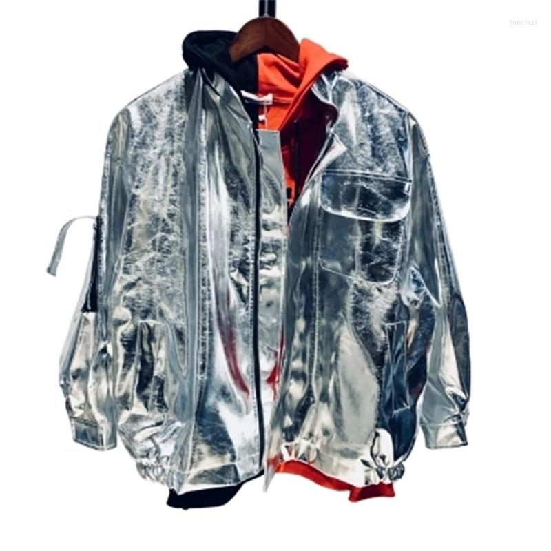 

Women' Leather Jacket Men And Women Hip Hop Loose BF Wind 2022 Spring Fashion Laser Reflective Tide Brand Star With H019, Silver