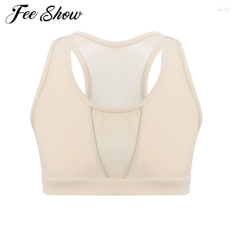 

Stage Wear Kids Girls Ballet Dance Costume Crop Top Solid Color Sleeveless Vest Stretchy Mesh Splice Tanks Tops Performance Dancewear, Black