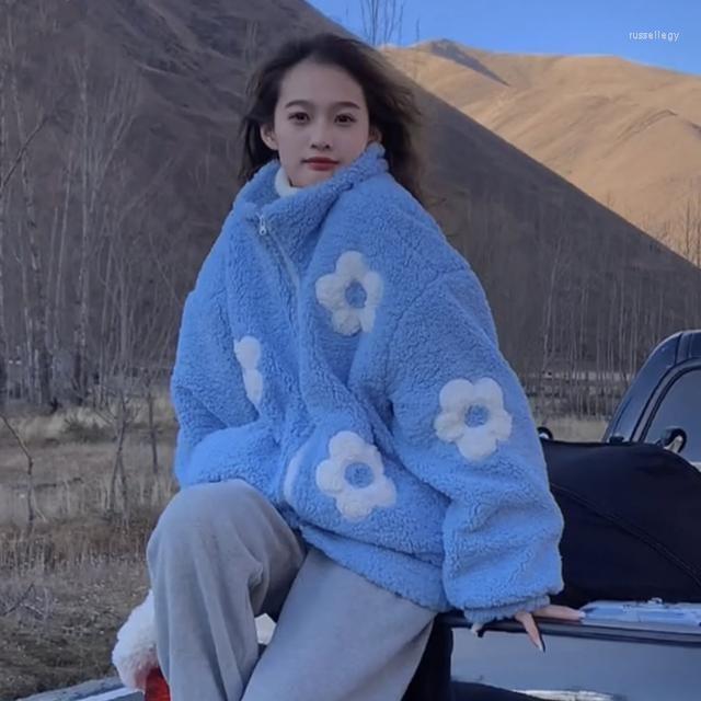 

Women's Fur Women's Sweet Floral Woolly Jacket Autumn Winter Long Sleeve Loose Warm Outwear Lady Streetwear Fuzzy Thick, Blue