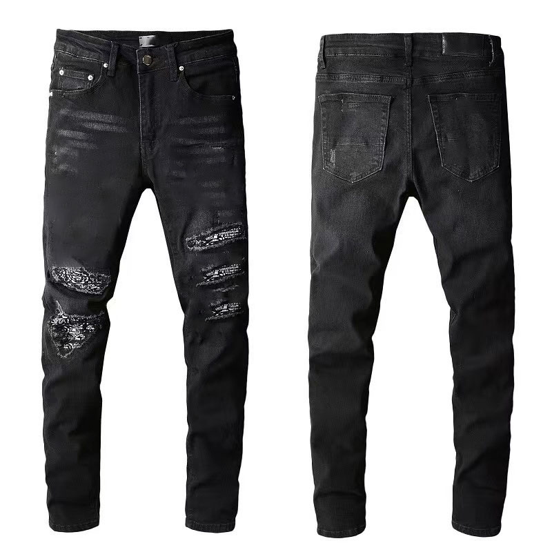

stack jeans European ripped jean Designer men embroidery quilting ripped for trend brand vintage pant mens fold slim skinny fashion Jeans sstraight pants AJG5
