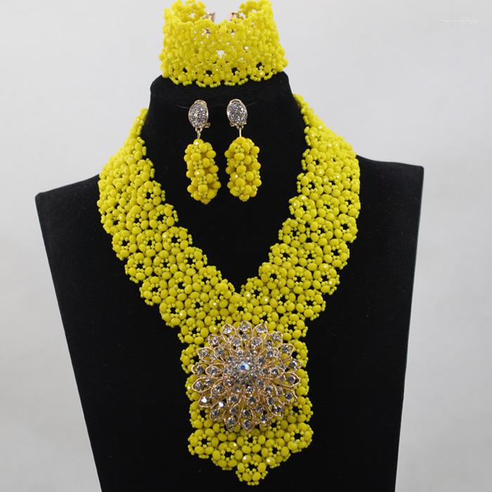 

Necklace Earrings Set Trendy Yellow Handmade Beaded Seed Crystal Jewelry African Beads Women/bridal ANJ011, Picture shown
