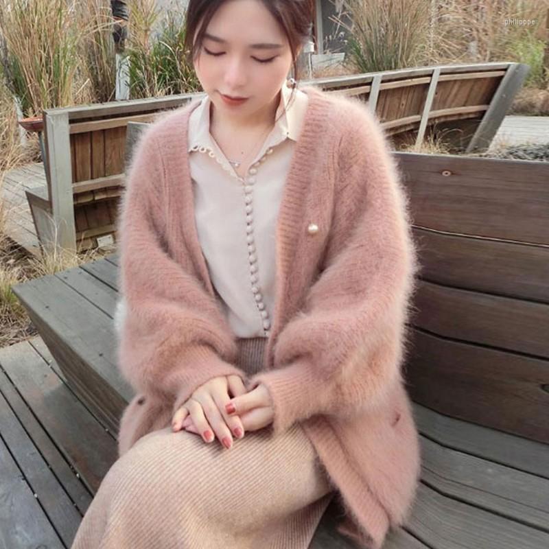 

Women's Knits Elegant Autumn Winter Mink Cashmere Women Sweaters Coat Oversized Loose Batwing Sleeve Mohair Thicked Soft Pink Cardigan