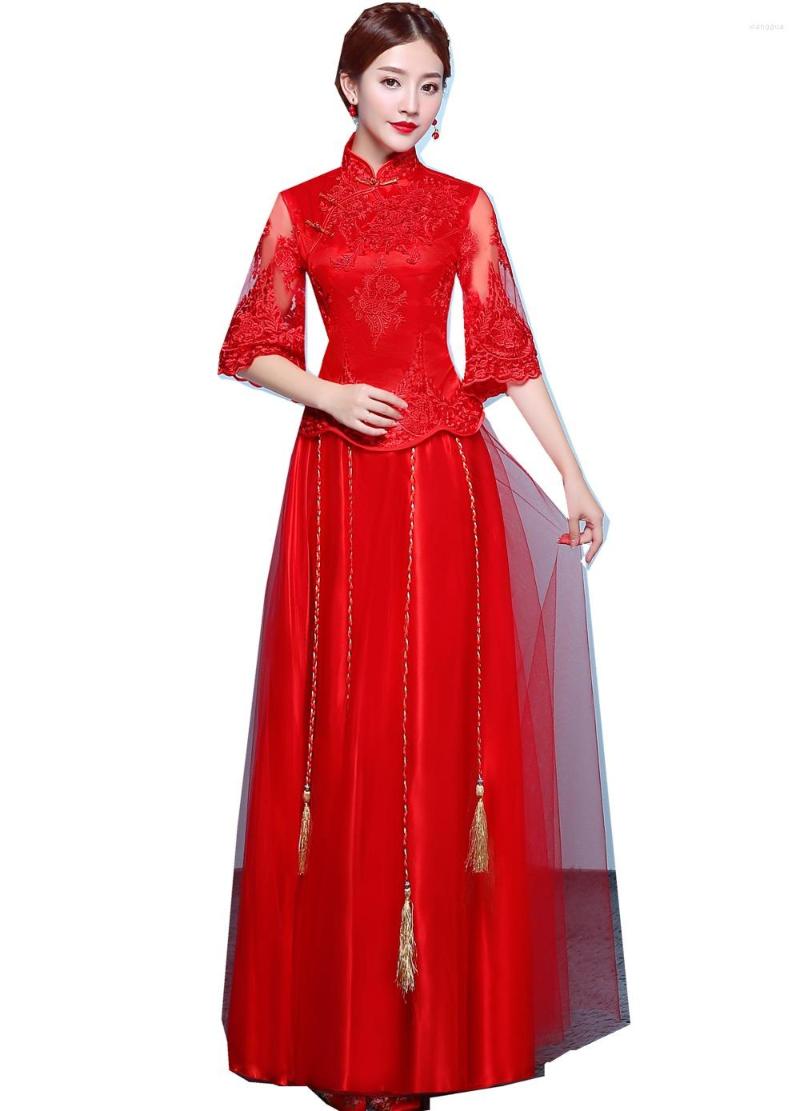 

Ethnic Clothing Shanghai Story Half Sleeve Lace Cheongsam Chinese Wedding Dress Red Qipao Traditional Top Skirt Suit Set