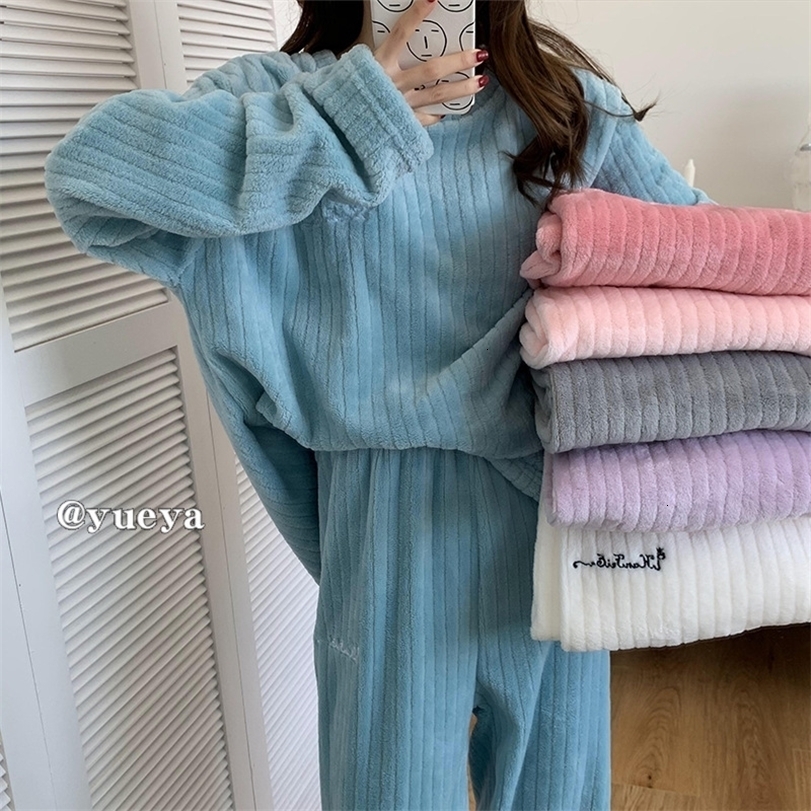 

Women's Sleepwear Sexy Pyjamas Autumn and winter flannel pajamas womens twopiece coral fleece homewear loose casual striped simple 221113, Hudiejie