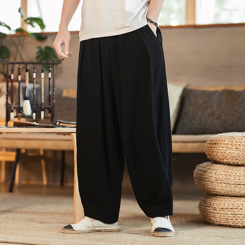

Men's Pants Chinese Style Loose Plus Size Casual Trousers Men Clothing Ethnic Patchwork Cotton Linen Oversized Harem Male, Black