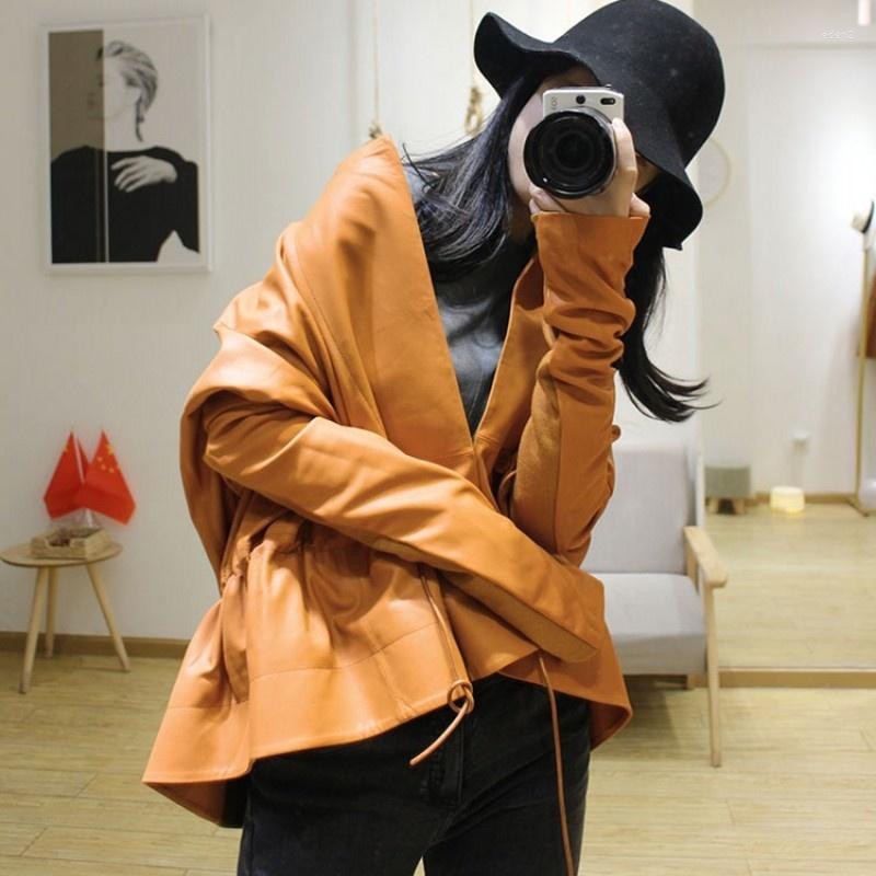 

Women' Leather Women Black Genuine Jackets Lambskin Coats Jacket Drawstring Bat Sleeve Spliced Knitted Slim Short Outerwear, Black 2