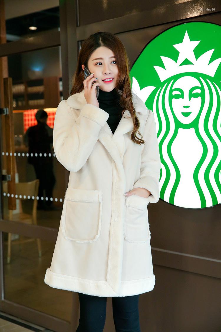 

Women's Leather Winter Autumn Women Faux Fur Suede Jacket Ladies Mid Length Fleece Lined Female Slim Warm Coat Windbreaker, Beige
