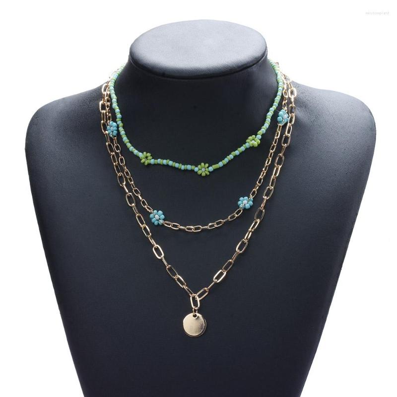 

Choker Multilayer Chains Link Charm Women Jewelry Acrylic Flower Seeds Beads DIY Necklace With Metal Coins Pendants