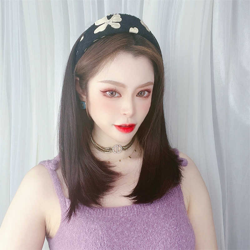 

Women's Hair Wigs Lace Synthetic Korean Version band Wig Women's Short Medium Long Net Red Collarbone Hair Natural Head Cover, Black