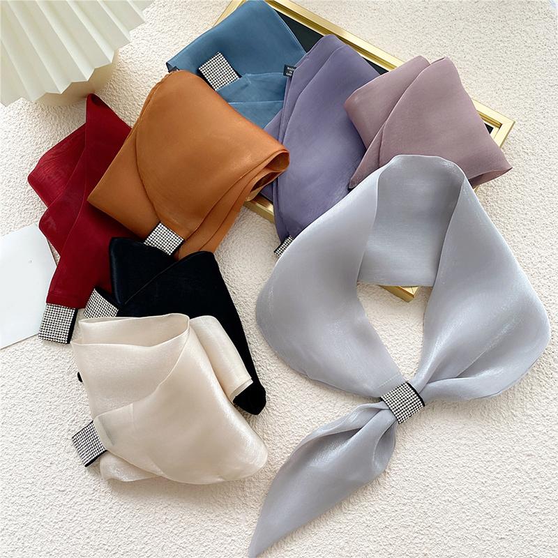 

Scarves 2022 Women Silk Scarf Shiny Solid Color Foulard Small Shawls And Wraps Fashion Hair Neck Long