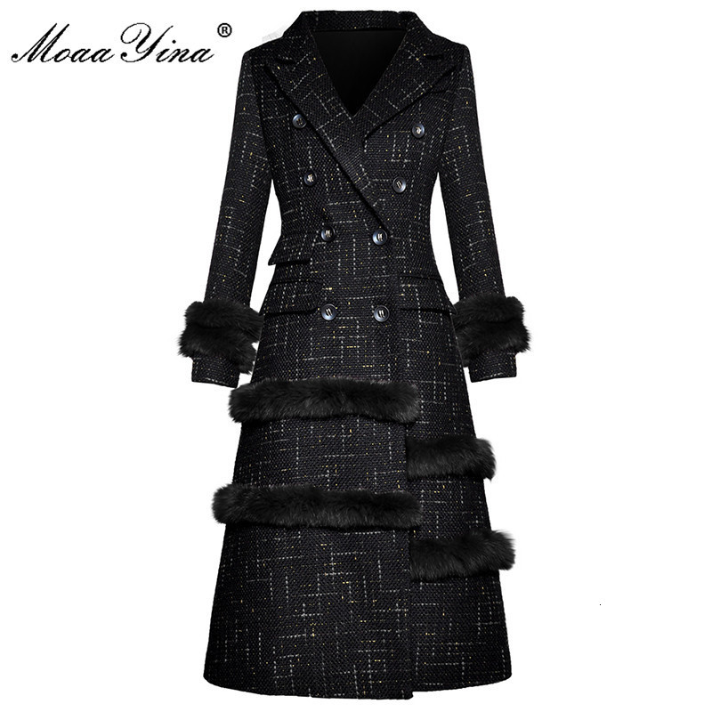 

Women's Wool Blends MoaaYina Fashion Designer Winter Spring Woman Black Overcoat Turn-down Collar Double Breasted Slim Casual Coat 221114