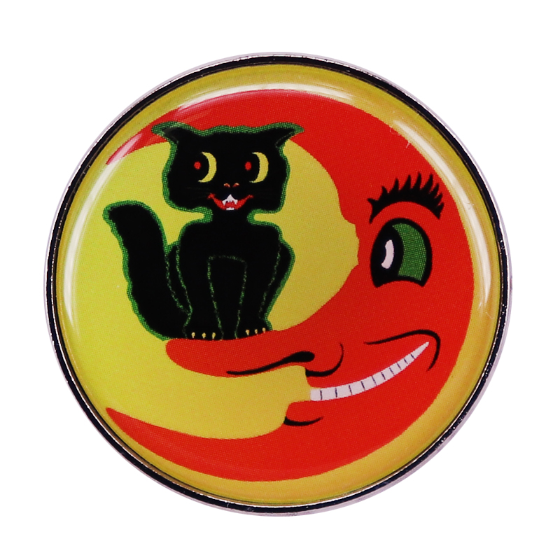 

Halloween Cat & Moon Vintage Pin Brooch cute funny badges dark, As picture