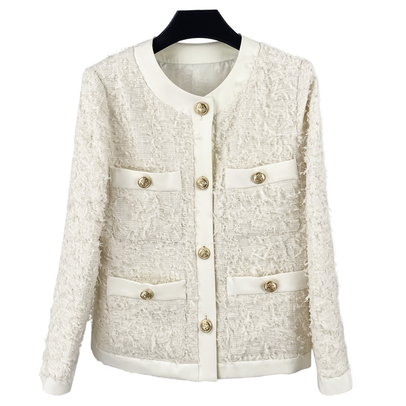 

2022 Autumn Ivory Solid Color Contrast Trim Tweed Jacket Long Sleeve Round Neck Weave Pockets Single-Breasted Jackets Coat Short Outwear A2N086362
