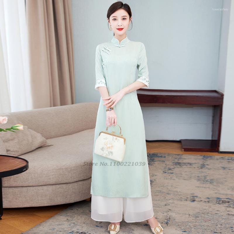 

Ethnic Clothing 2022 Chinese Vintage Suit National Women Qipao Dress Pants Set Oriental Service Retro Flower Embroidery