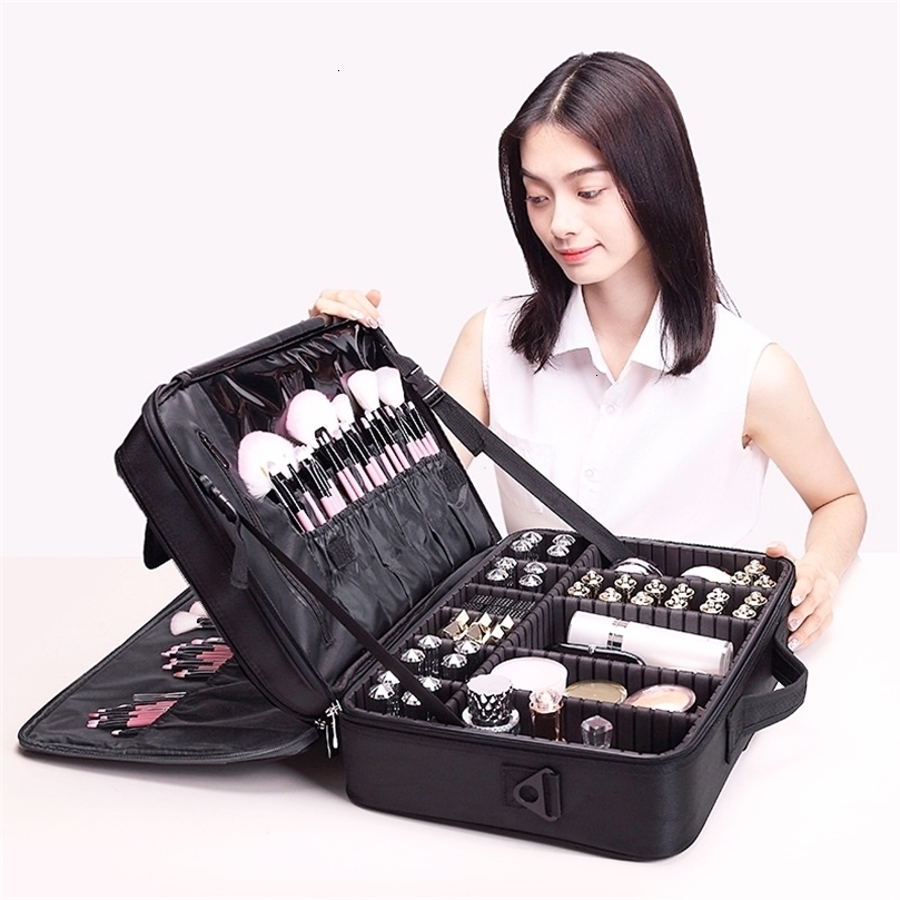 

Cosmetic Bags Cases Portable Makeup Bag Professional Embroidered Nail Art Clapboard Case Toolbox for Women 221114, Black xs 2layers