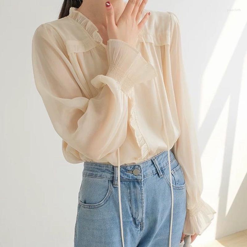 

Women' Blouses Ruffles V-neck Chiffon Blouse Women' Autumn 2022 Gentle Style Chic French Long Sleeve Shirt Tops, Beige