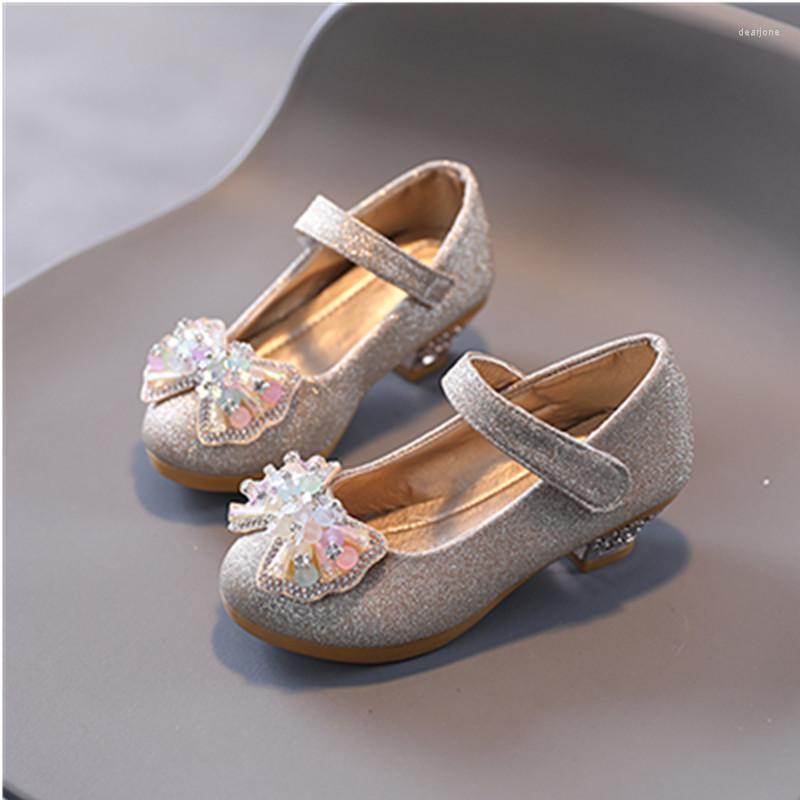 

Athletic Shoes Girls Leather Princess Children Round-Toe Soft-Sole Big High Heel Crystal Single, Pink