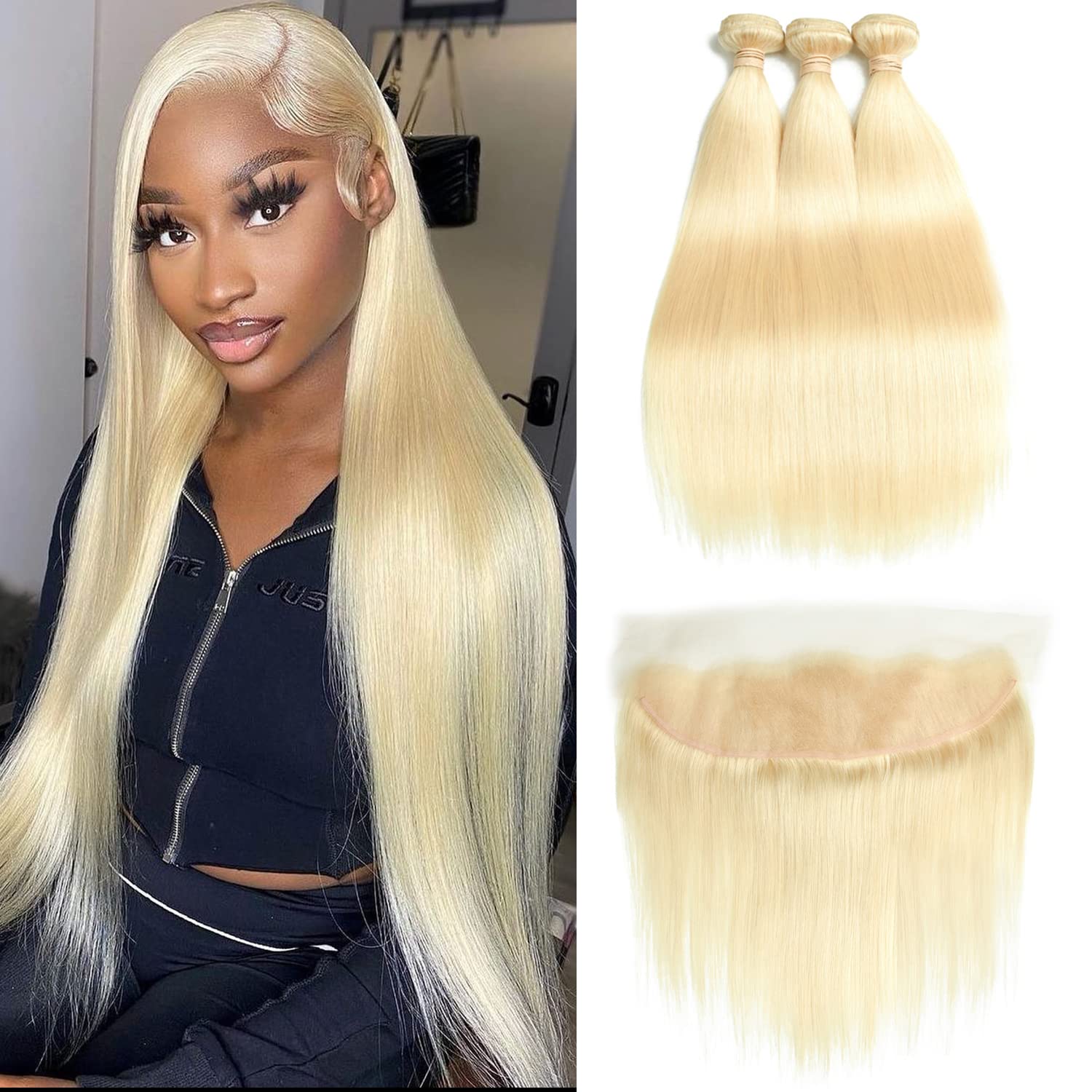 

Elibess Brazilian Hair Straight Human Hair Bundles Extensions 3pcs with Lace Frontal Closure 613 Blonde Color Weft Weave for Women All Ages