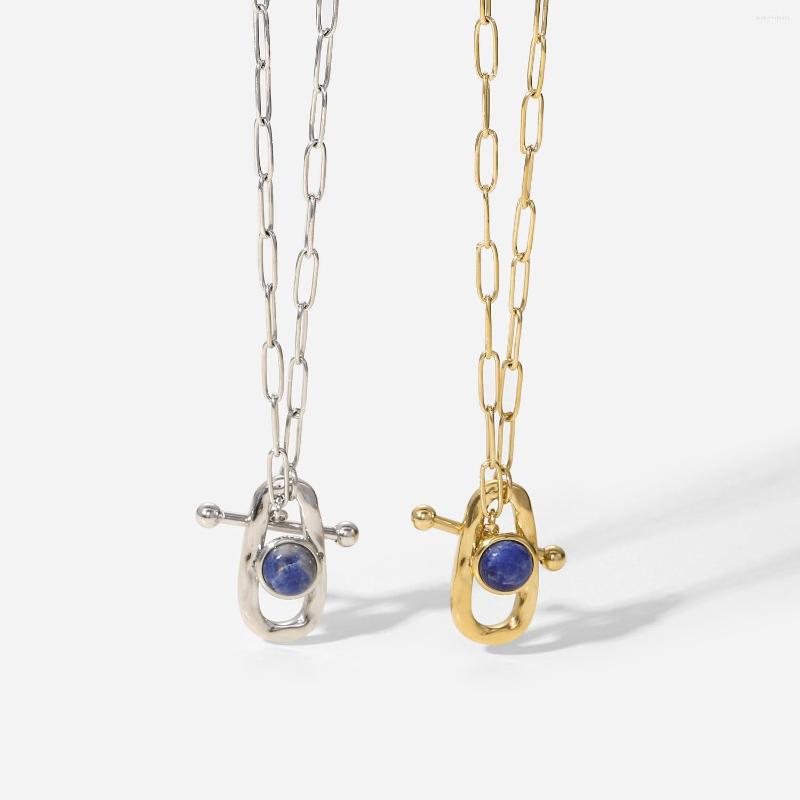 

Chains Fashion Women Necklace Gold Stainless Steel 14k Ot Silver Buckle Shaped Natural Blue Striped Stone Pendant By Half Chain Necklac
