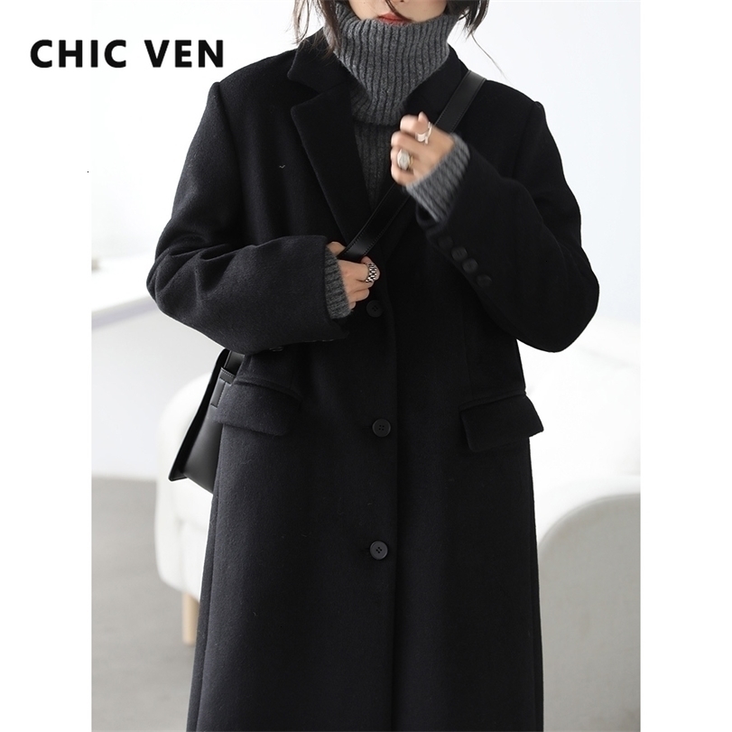 

Womens Wool Blends CHIC VEN Winter Korean Women Long Coat Thickening Casual Warm Single Breasted Overcoat en Coats Office Lady Tops 221113, Black