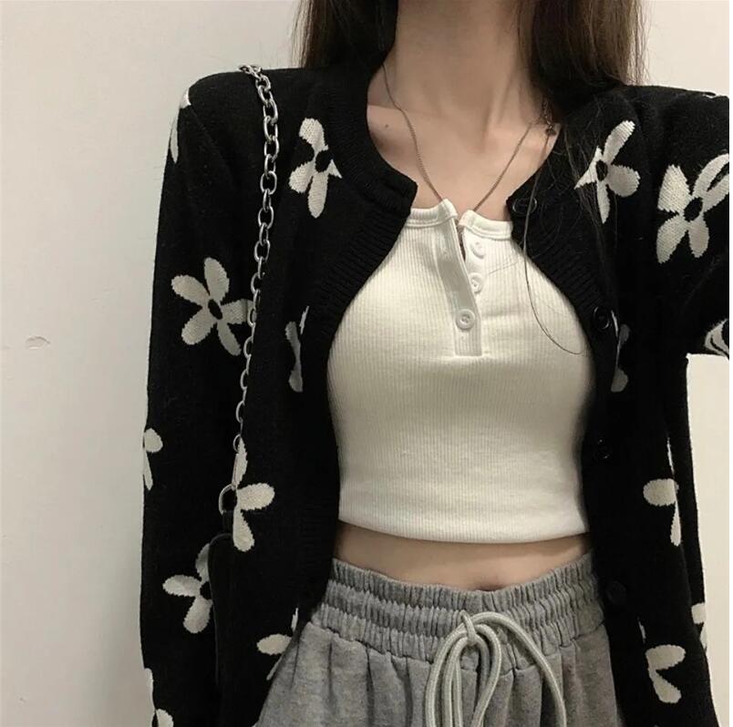 

Knitted Sweater Cardigan Women Long Sleeve O-Neck Loose Single Breasted Contrast Color Sweater Jacket Jumpers, Black