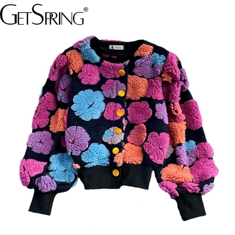 

Womens Wool Blends GetSpring Women en Coat Retro Plush Flowers Patchwork outfits Jacket All Match Short Outwear winter coat for women 221113, Red