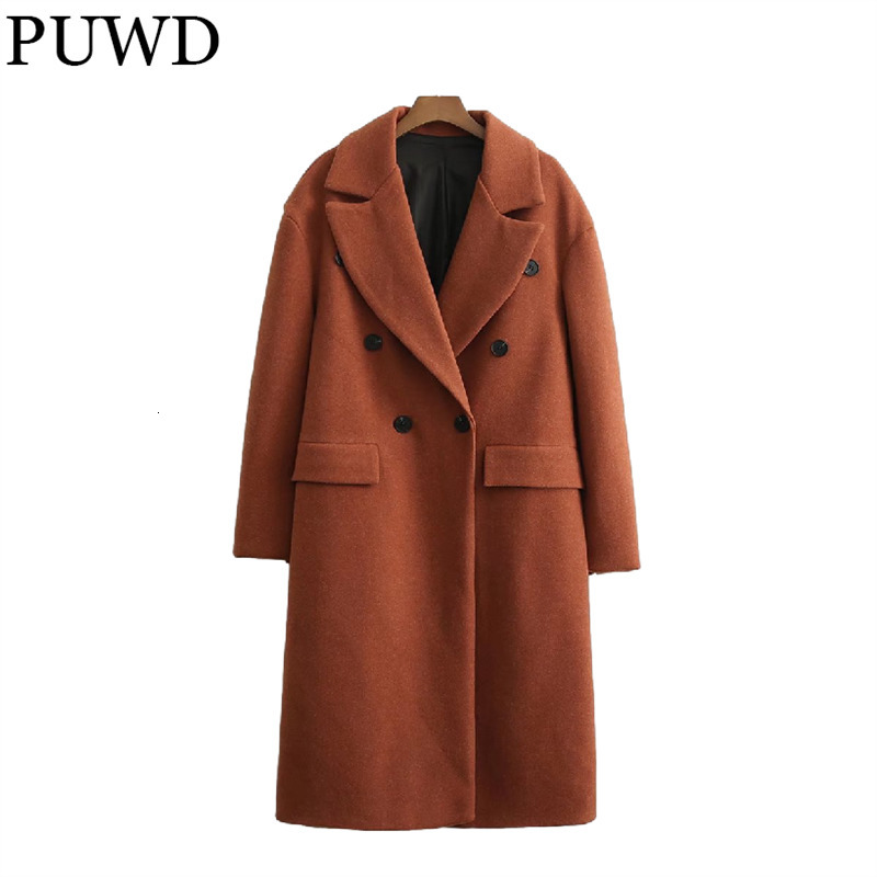 

Women's Wool Blends PUWD Vintage Women V Neck Double Breasted Woolen Coat Autumn Fashion Ladies Streetwear Long Jacket Female Chic Outwear 221114, Brown
