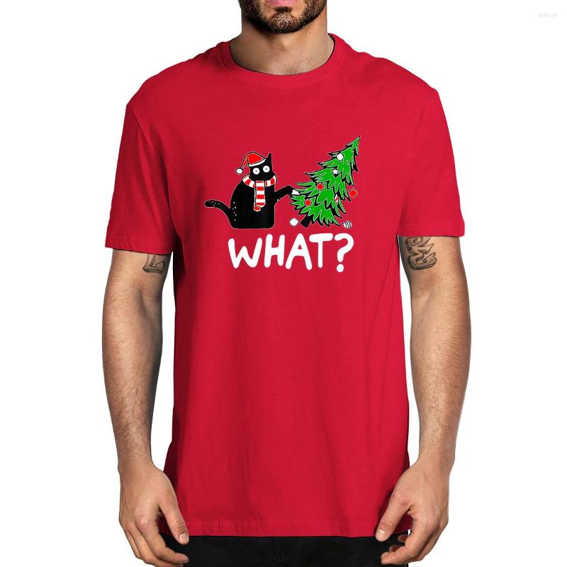 

Men's T Shirts Funny Black Cat Gift Pushing Christmas Tree Over What Vintage Cotton Summer Novelty Oversized T-Shirt Women Tee, White
