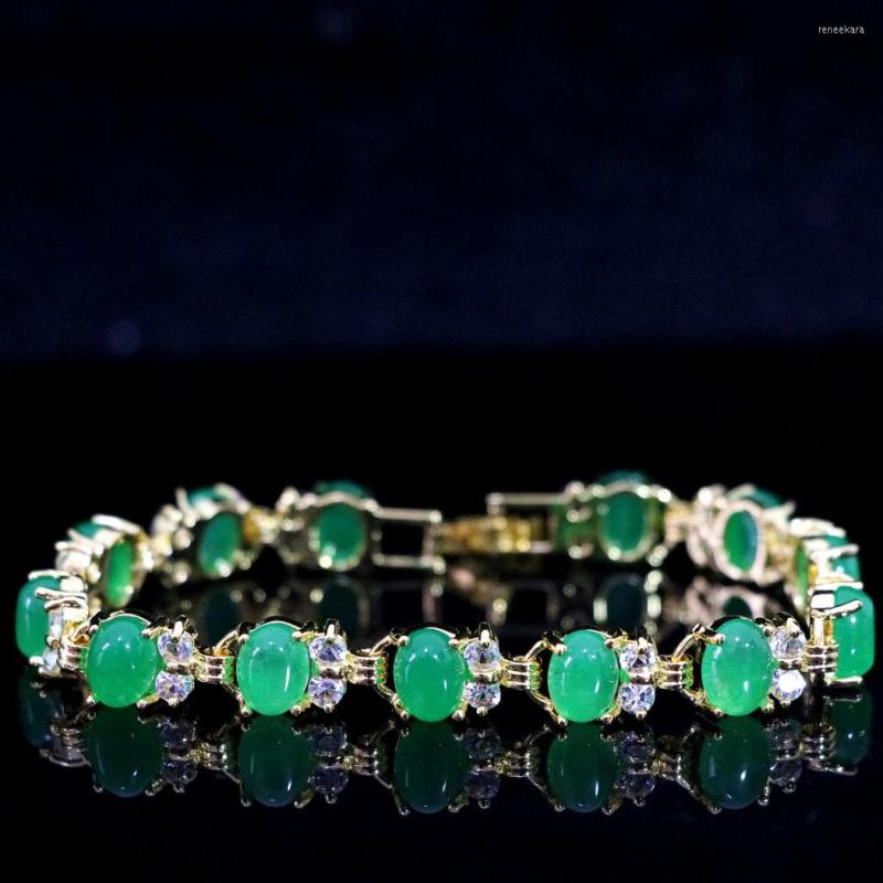

Link Bracelets Elegant Women Fashion Oval Heart Green Natural Stone Jades Chalcedony Crystal Gold-color Jewelry Bracelet Chain 7.5inch B1169