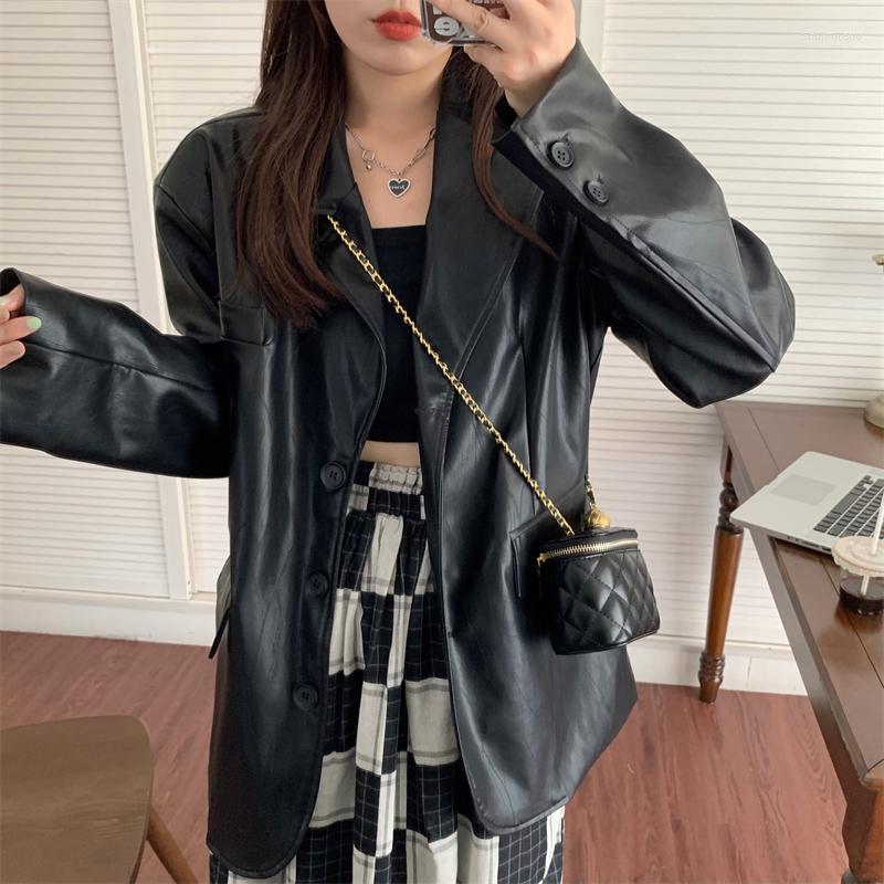 

Women's Leather Women Fashion PU Faux Loose Blazer Coat Vintage Pockets Long Sleeve Back Vents Female Outerwear Chic Tops, Black