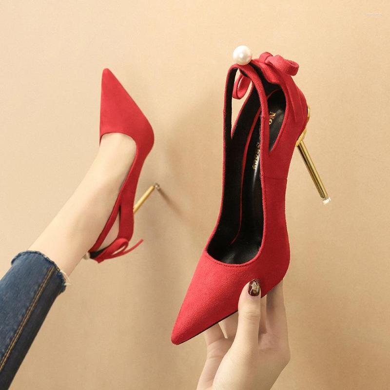 

Dress Shoes Elegant Pearl Bowknot Metal Heel Women Pumps Autumn Pointy Toe Sexy Cut-Outs High Heels Flock Shallow Ladies Wedding Party, Red 10.5cm