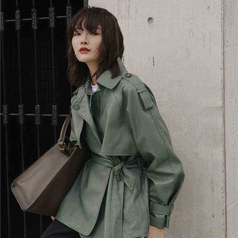 

Ftlzz Spring Autumn 2022 Women New Casual Lapels Pu Jacket Simplicity Loose Leather Jacket With Belt Office Lady J220727, Green