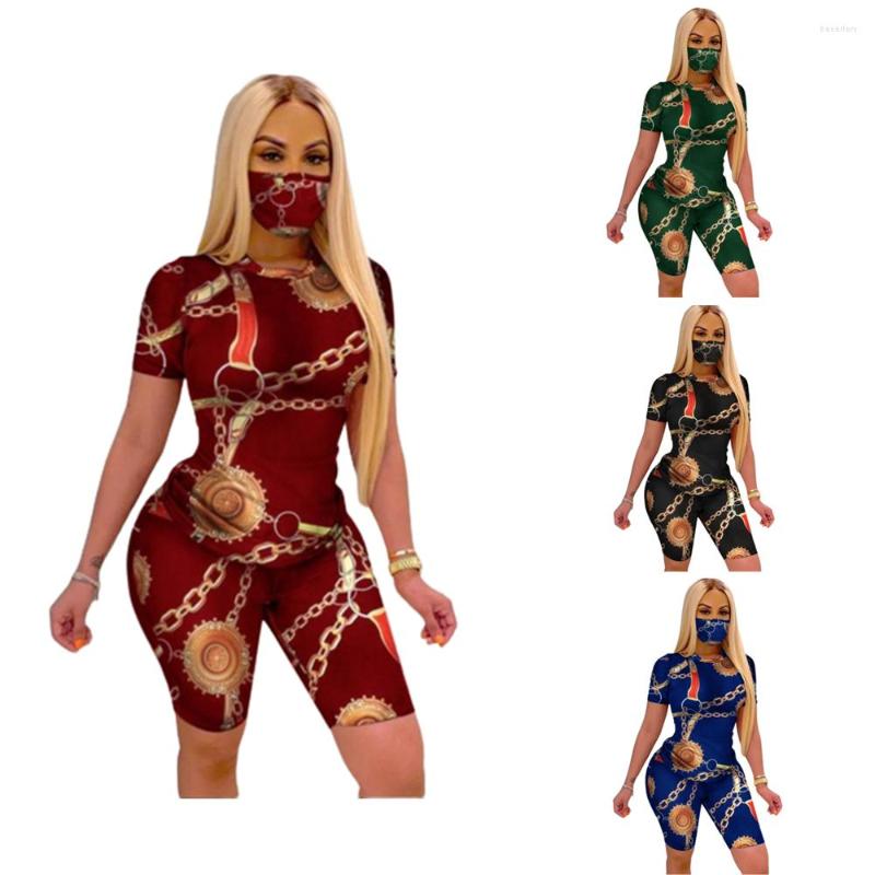 

Women' Tracksuits Fashion Chain Vintage Print For Women Short Sleeve O-neck Crop Top And Sports Shorts Casual 2 Piece Sets W10001, Black