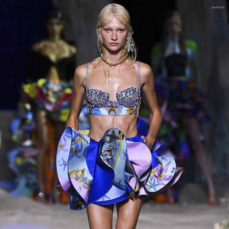 

Work Dresses Trendy Sequins Ruffles Design Two Pieces Set Sexy V-Neck Sleeveless Short Top High Waist Mini Skirt Printed Blue Two-Piece