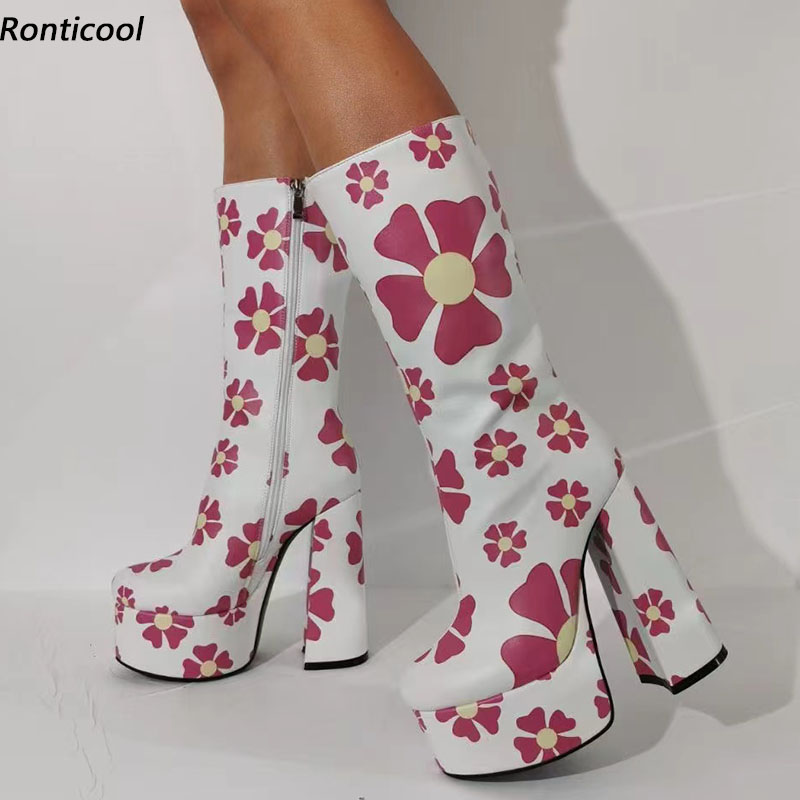 

Ronticool Women Winter Mid Calf Boots Chunky Heel Round Toe Gorgeous White Printed Flower Catwalk Shoes Ladies Plus US Size -15, As picture
