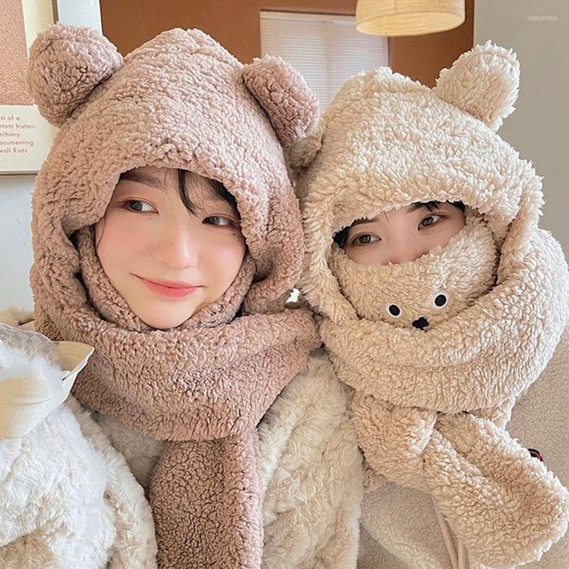 

Berets 2022 Cute Balaclava With Ear Winter Hat Women Girl Hood Beanies Caps Bear Thick Plush Scarf Set Solid Color Gift, Knitted headband