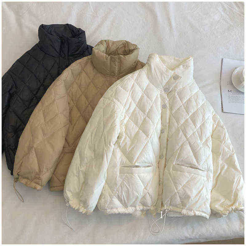 

Winter Lightweight Warm Stand Up Collar White Down Jacket Diamond Women Loose Lightwear ColdProof Jacket J220727