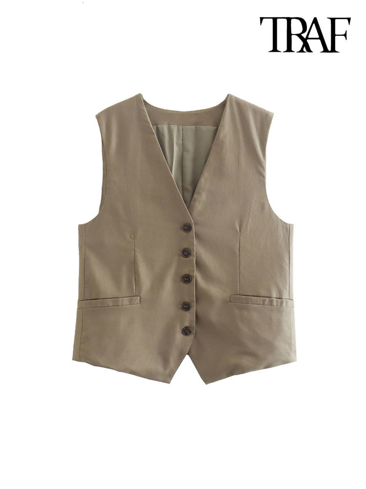 

Women' Vests TRAF Women Fashion Front False Welt Pockets Linen Waistcoat Vintage Sleeveless Buttons Female Outerwear Chic Tops 221114, As picture