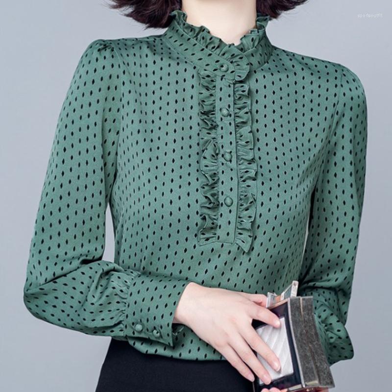 

Women's Blouses BLUSAS 2022 Autumn Office Lady Long Sleeve Pullovers Lace Ruffles Chiffon Shirts Women's Clothing Vintage Elegant Blouse, Green